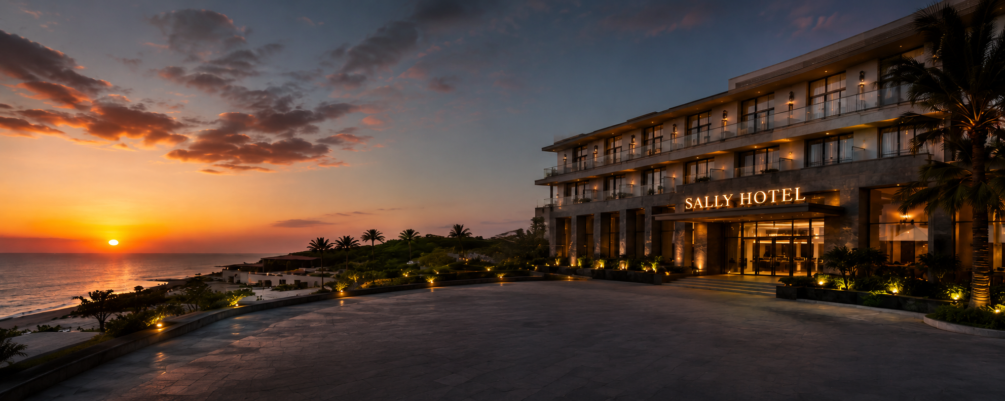 Sally Hotel beachfront exterior at sunset on Vietnam's central coast